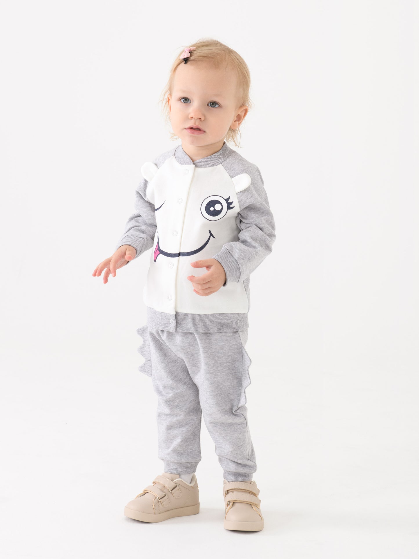 Bomber Jacket with Monster Face Graphic - White