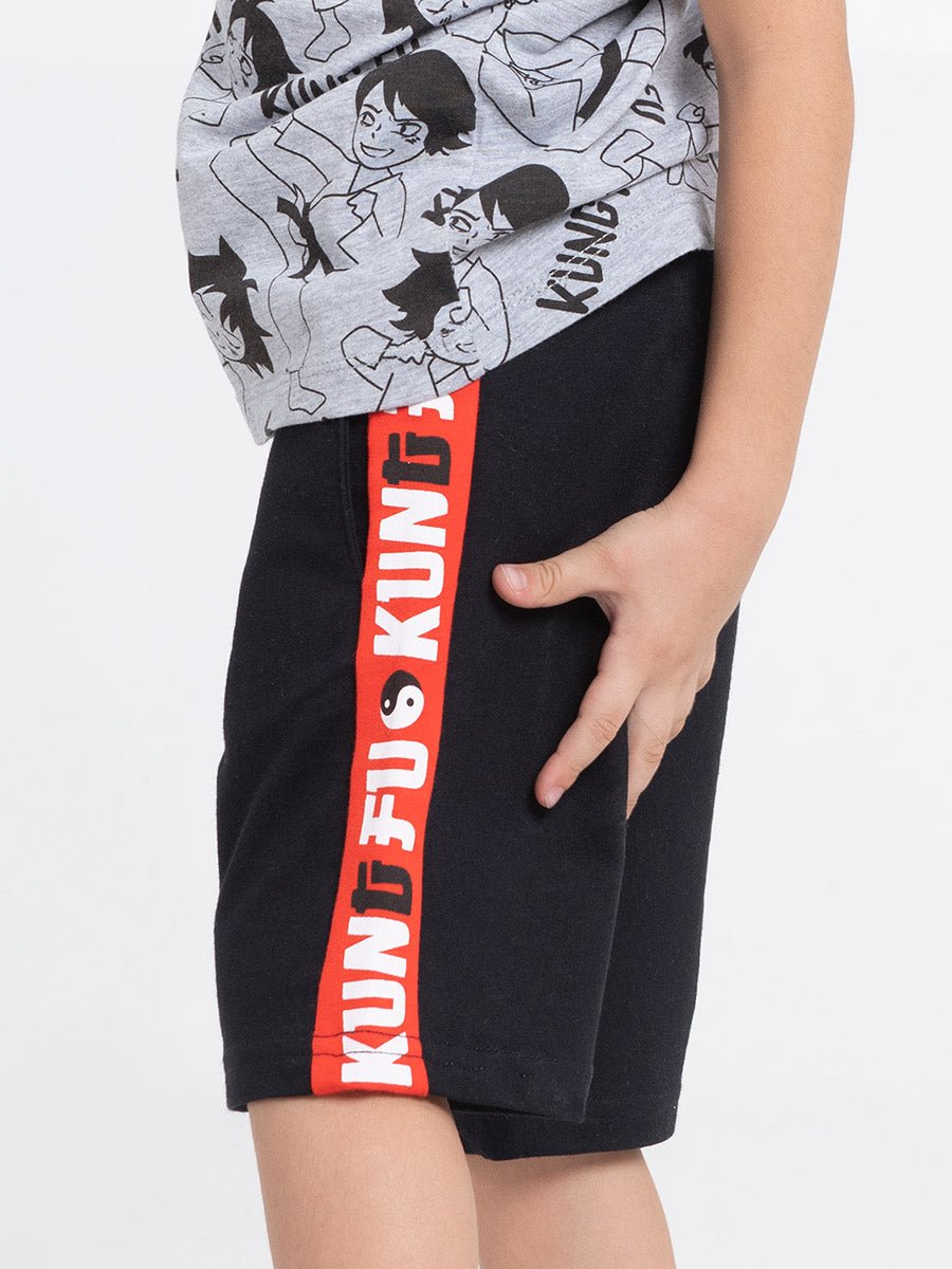 Boys Black Shorts with Kung Fu Print