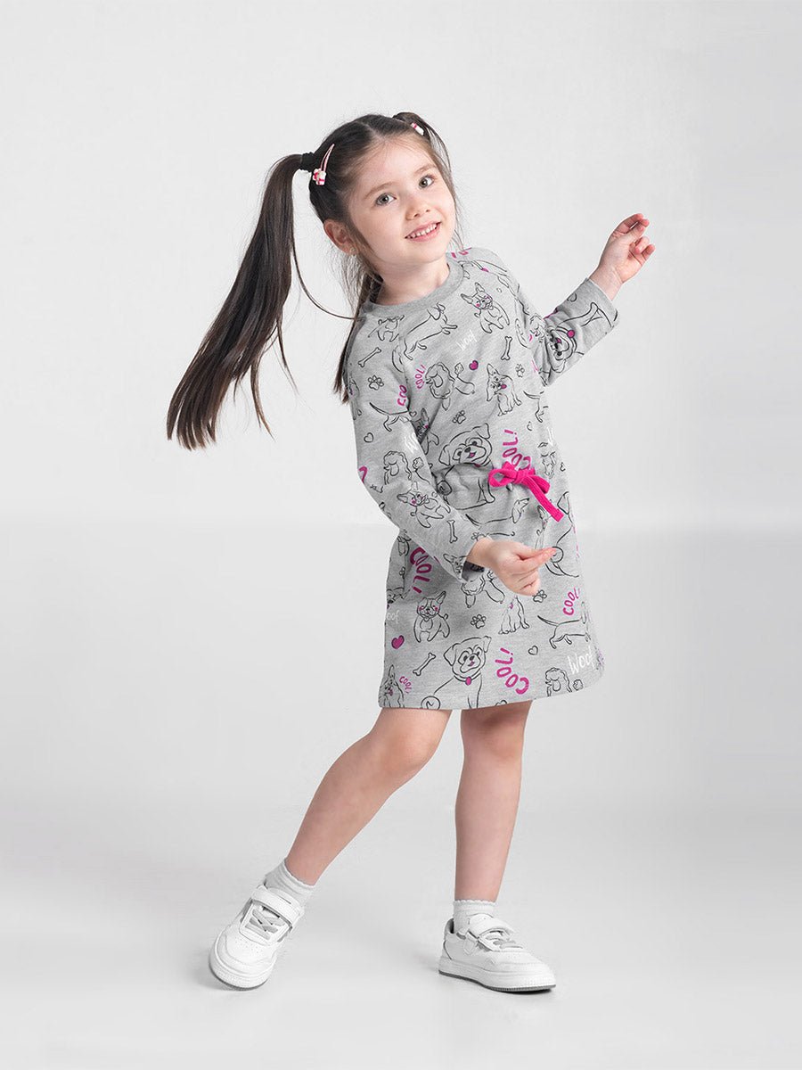 Girls Grey Long Sleeve Dress with Cute Puppies Print