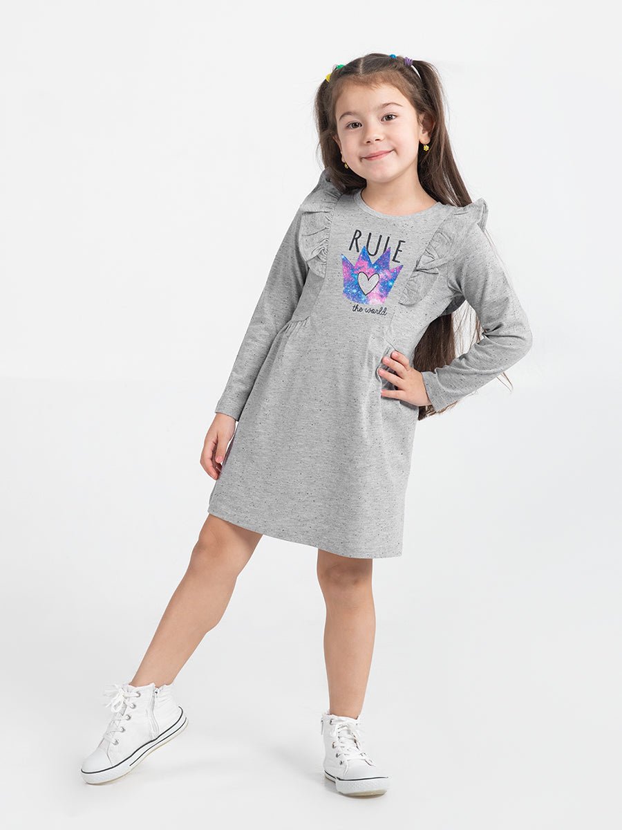 Girls Grey Dress with Rule the World Print