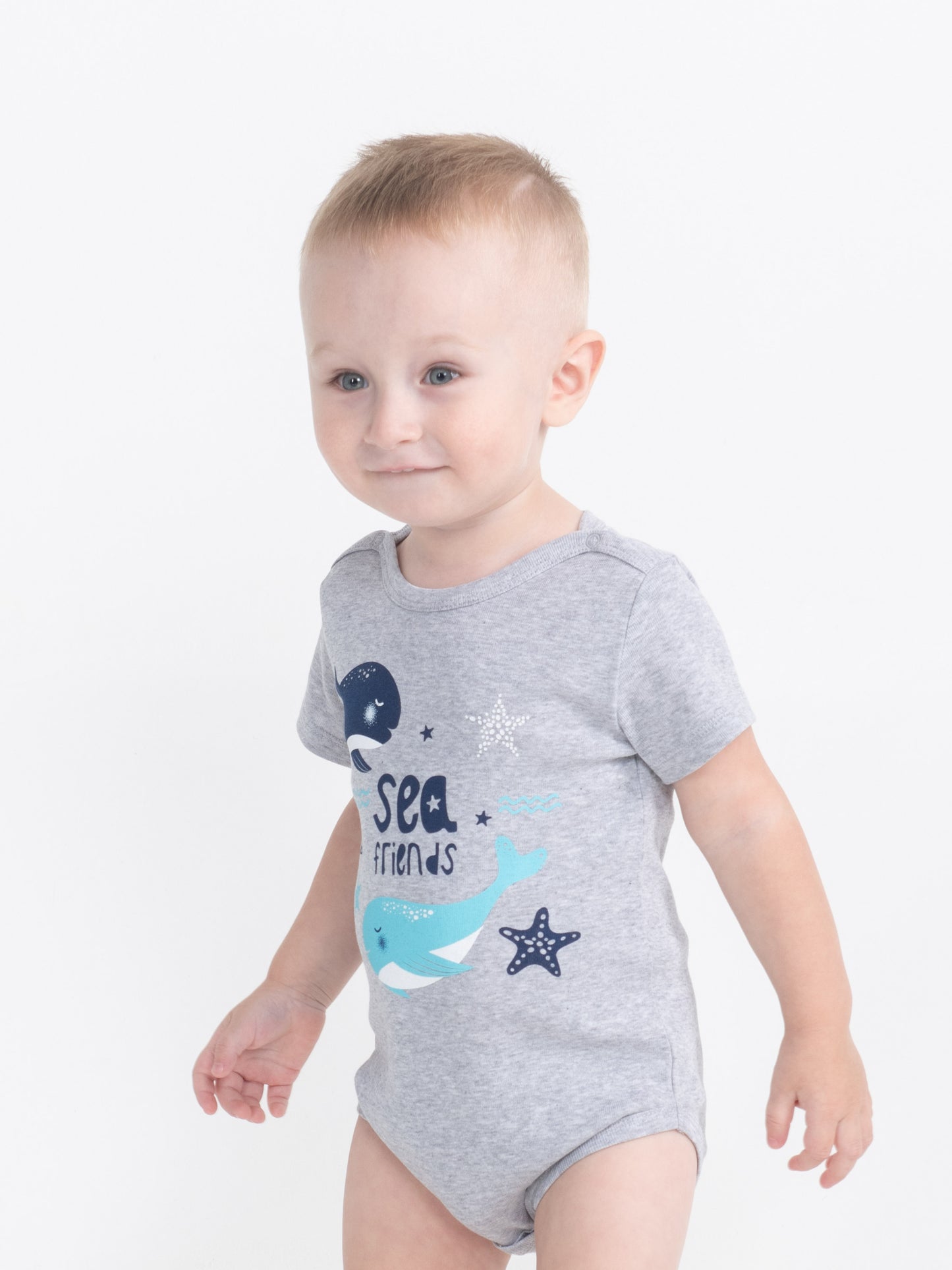 CWNB 40026-11-289 - Cherubino newborn baby boys light grey melange bodysuit with sea friends print - model2