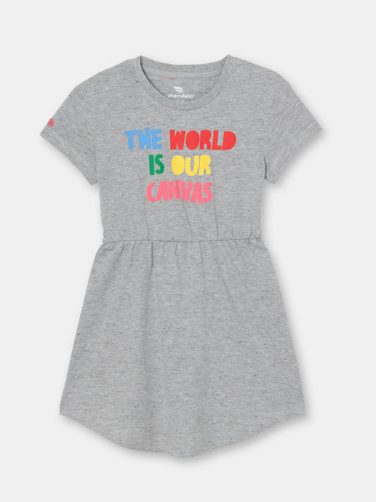 Short Sleeve Dress with Phrase Graphic - Grey