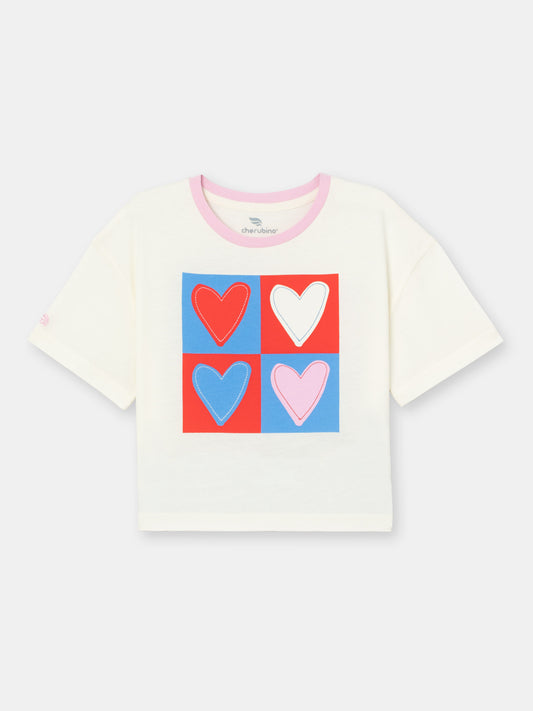 Boxy Short Sleeve T-Shirt with (Heart) Graphic and Embroidery - Ecru