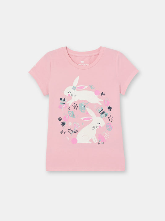 Short Sleeve T-Shirt with (Bunny Meadow) Graphic - Pink