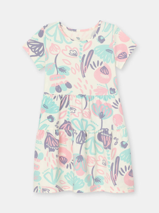 Patterned Short Sleeve Dress (in Watercolor Floral) - Ecru