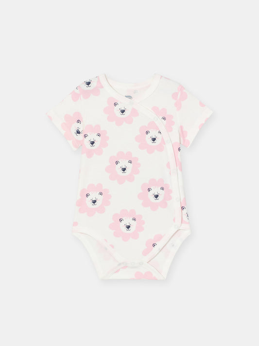 Short Sleeve Wrap Front Bodysuit with (Floral Lion) Pattern - White