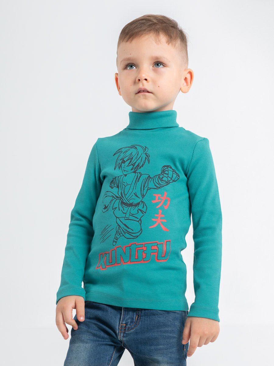 CWKB 62818-40-283 - Cherubino boys green turtleneck with kung fu kid print - model1