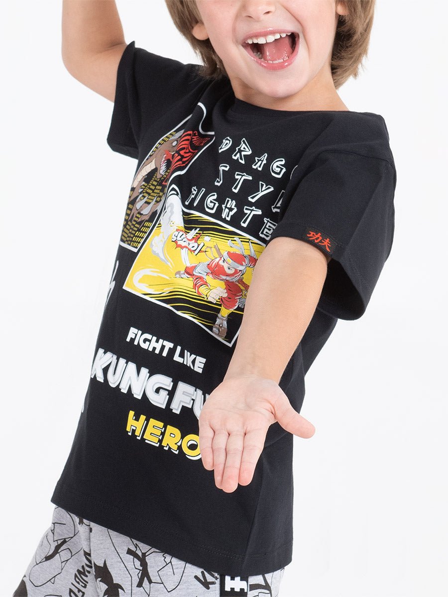 Boys Black T-shirt with Kung Fu Hero Print