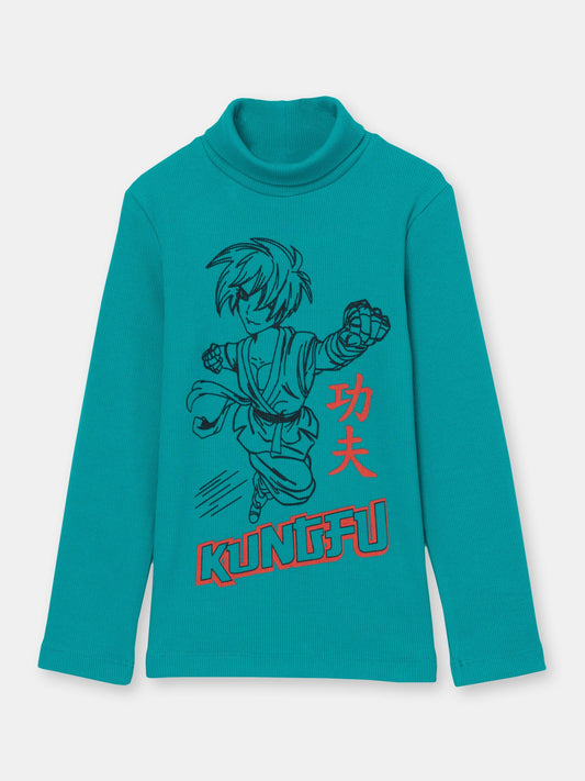 Boys Green Turtleneck with Kung Fu Kid Print