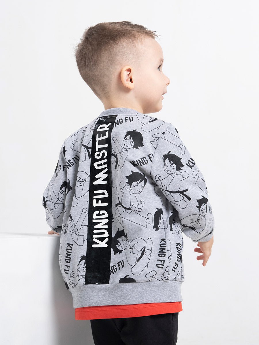 Boys Grey Hoodie with Kung Fu Master Print