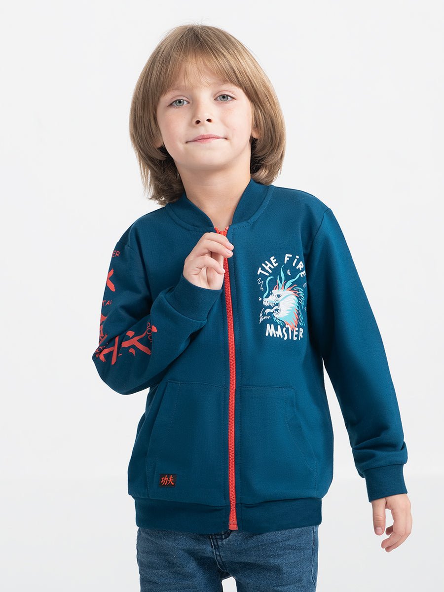 Boys Dark Blue Hoodie with Kung Fu Master Print