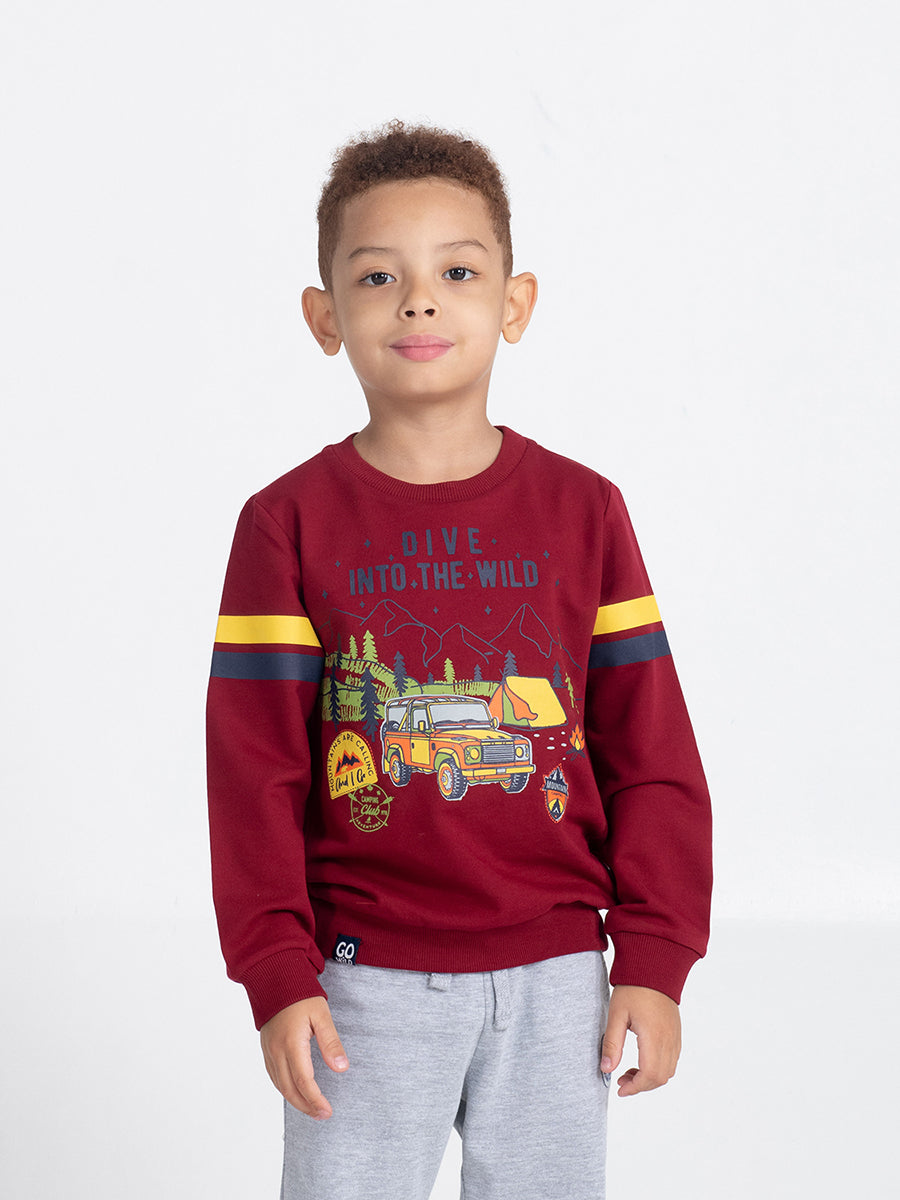 Boys Red Sweatshirt with Dive Into World Print