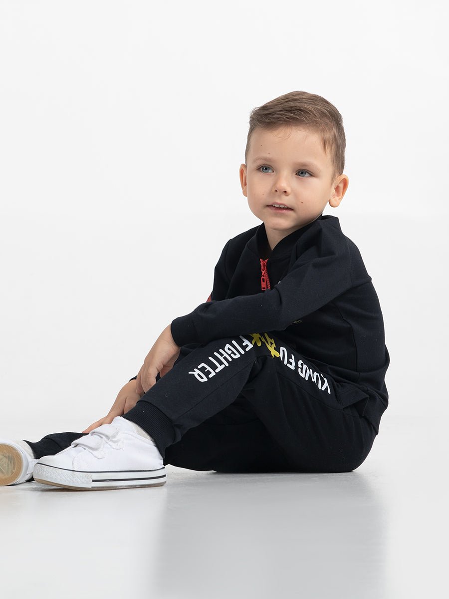 Boys Black Pants with Kung Fu Print