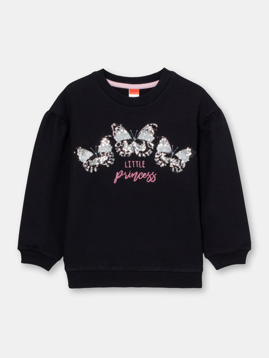 Girls Black Sweatshirt with Glitter Butterflies Print