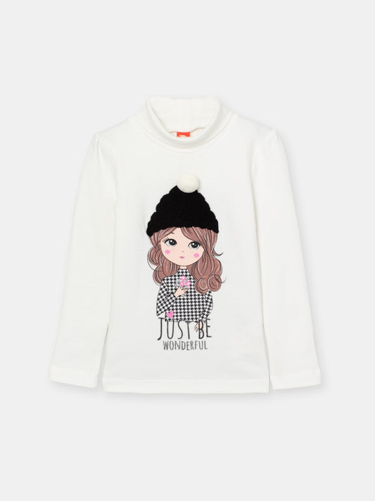 Girls White Turtleneck with Girl in Hat Print