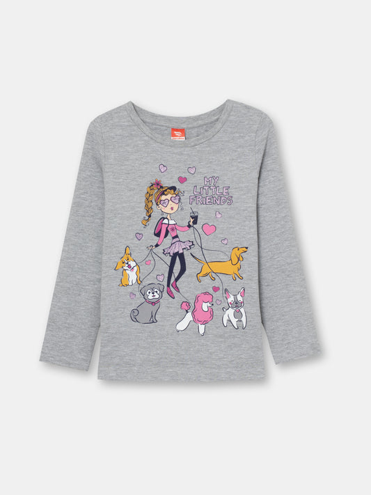 CWKG 62807-11-282 - Cherubino girls light grey melange long sleeve t-shirt with little friends print - front