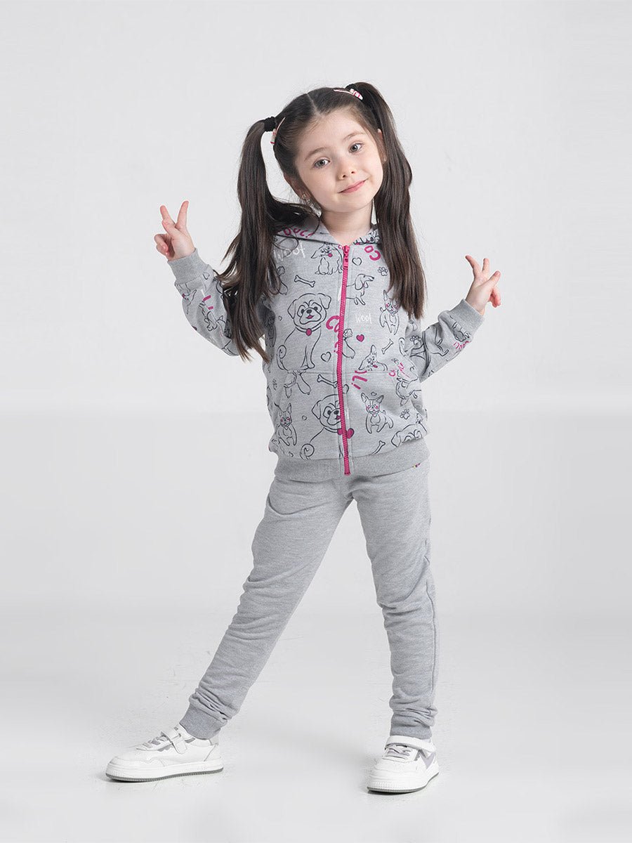 Girls Grey Hoodie with Cute Puppies Print