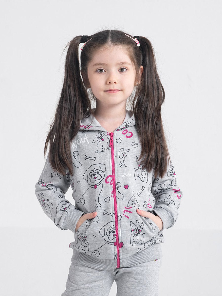 Girls Grey Hoodie with Cute Puppies Print