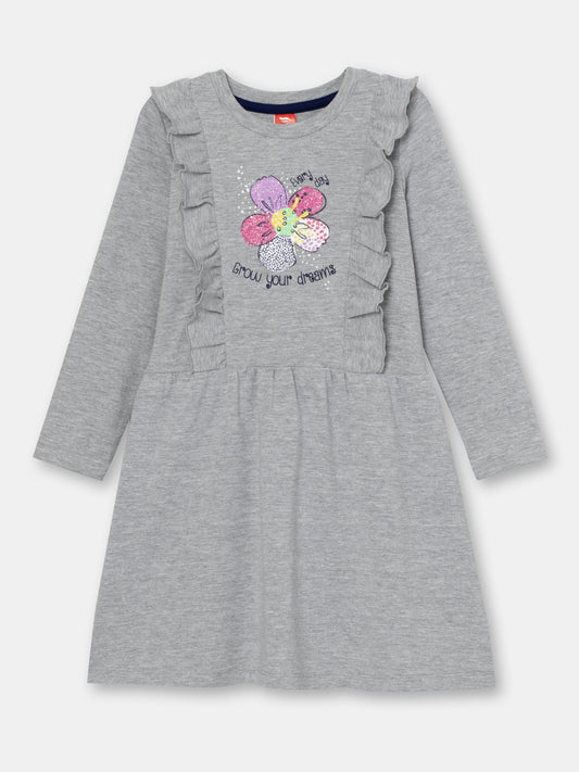 CWKG 62813-11-282 - Cherubino girls light grey melange dress with flower print - front