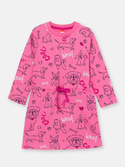 Girls Raspberry Long Sleeve Dress with Cute Puppies Print