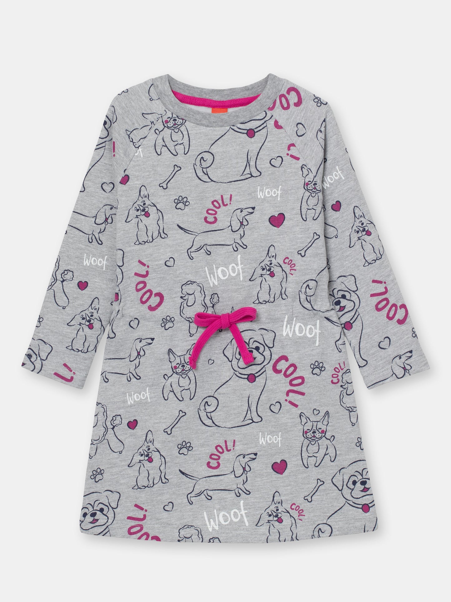 Girls Grey Long Sleeve Dress with Cute Puppies Print