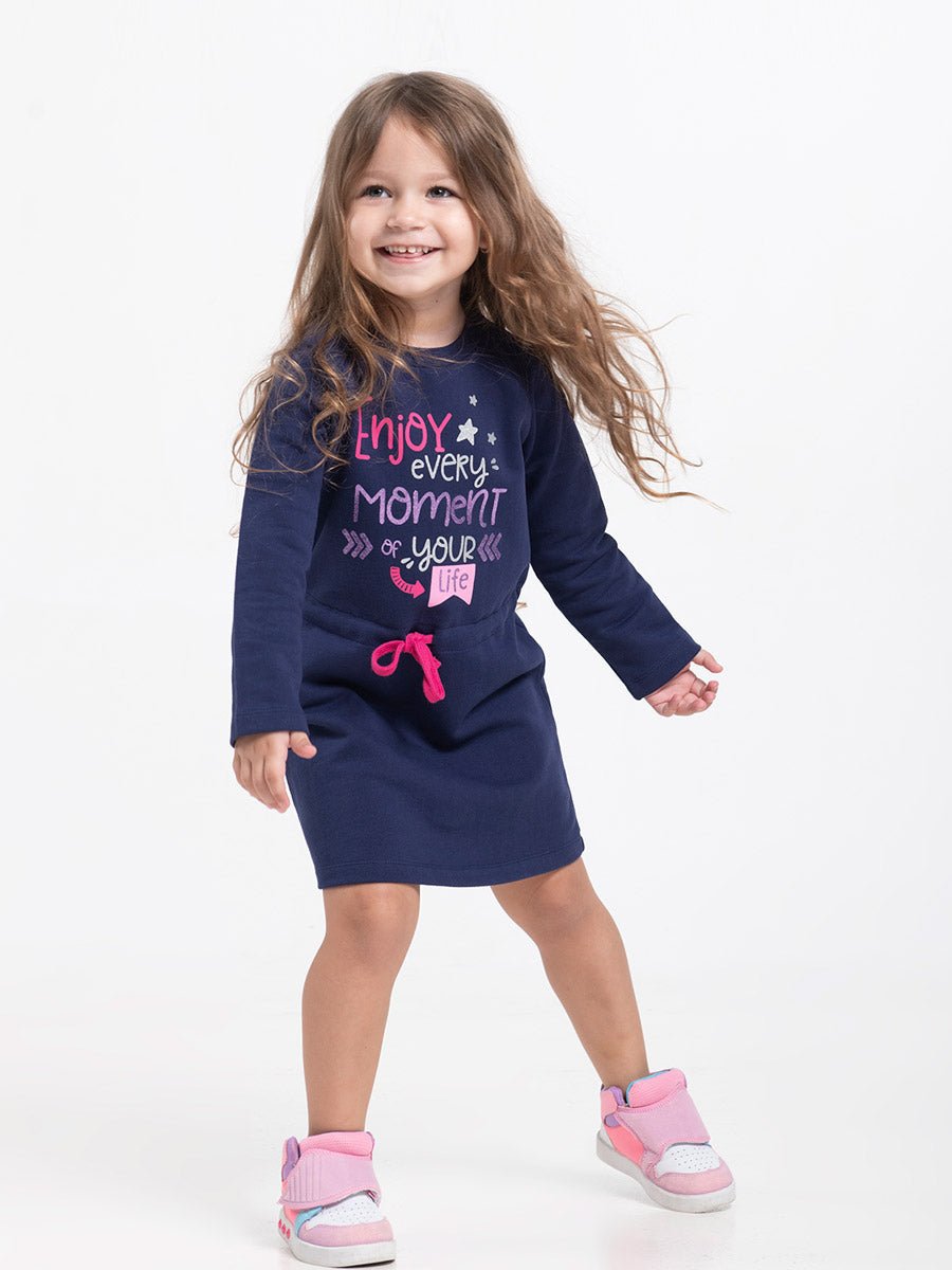 Girls Dark Blue Long Sleeve Dress with Enjoy Every Moment Print
