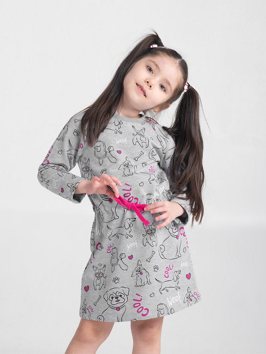 Girls Grey Long Sleeve Dress with Cute Puppies Print
