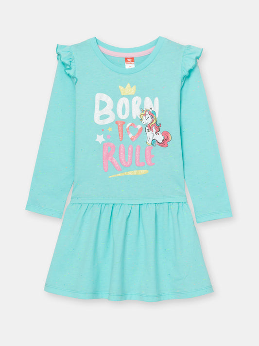 CWKG 62851-40-286 - Cherubino girls sky blue dress with born to rule print - front