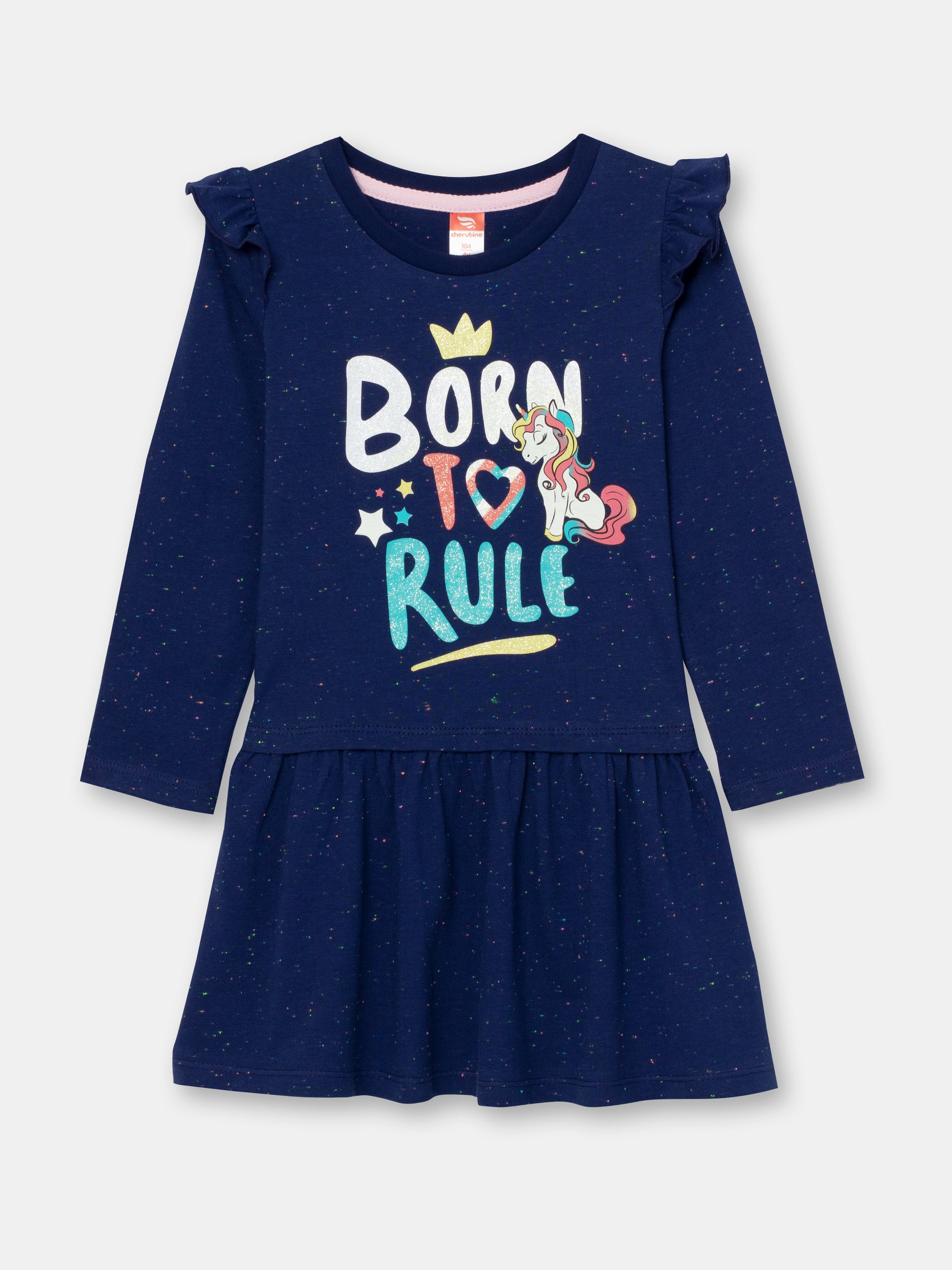 CWKG 62851-41-286 - Cherubino girls dark blue dress with born to rule print - front