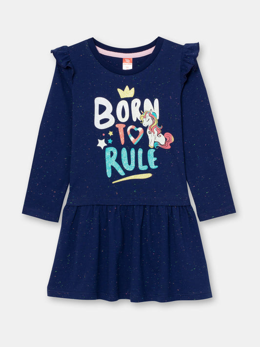 CWKG 62851-41-286 - Cherubino girls dark blue dress with born to rule print - front