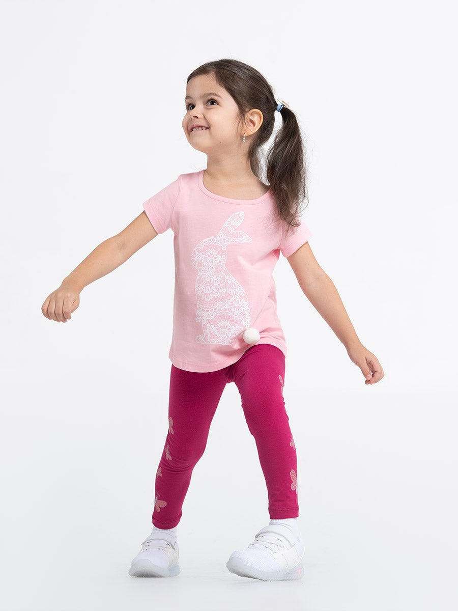 Girls Pink T-shirt with Lace Rabbit Print