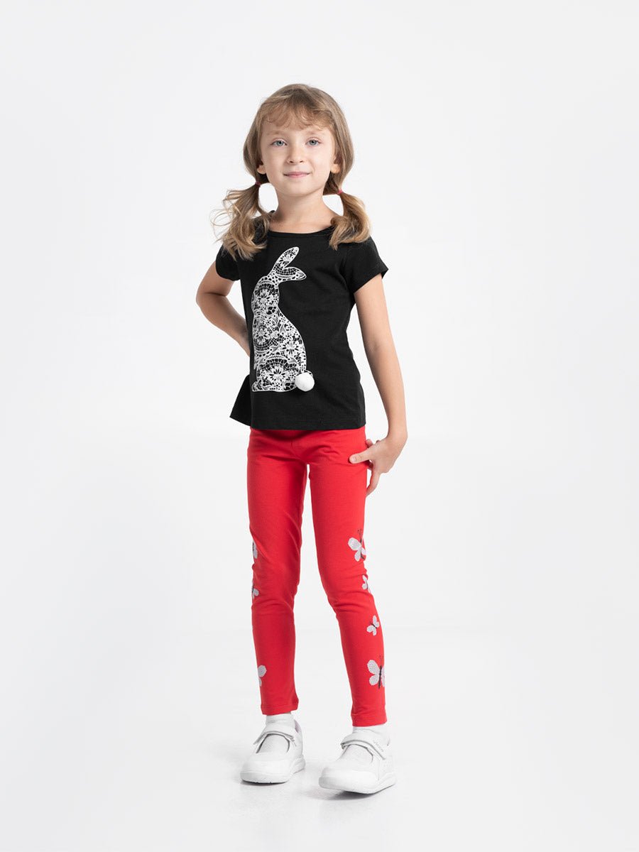 Girls Black T-shirt with Lace Rabbit Print