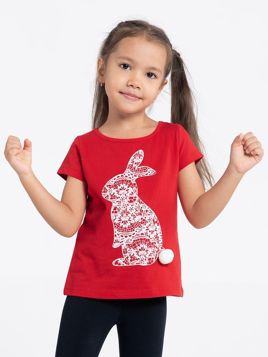 Girls Red T-shirt with Lace Rabbit Print