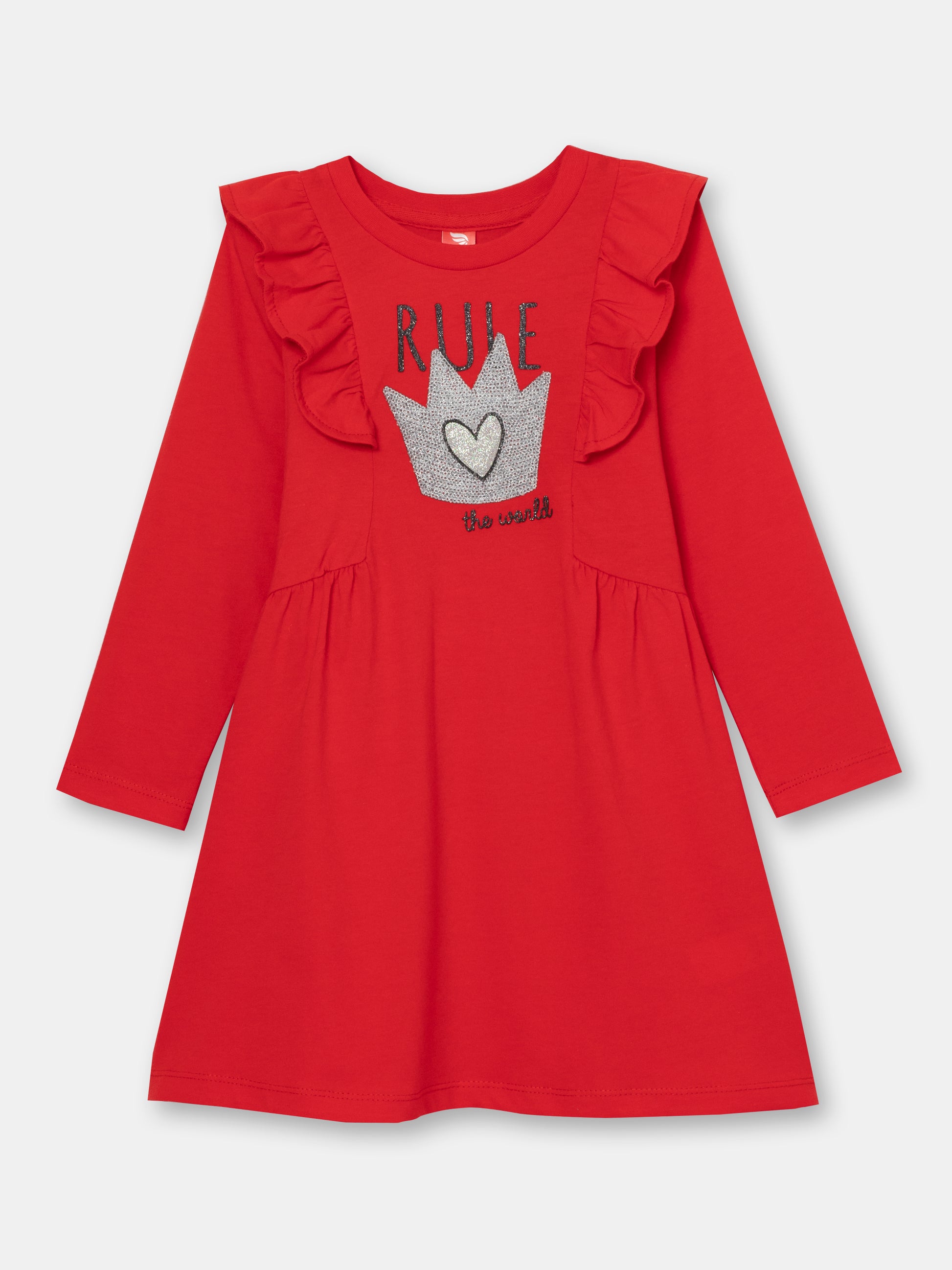CWKG 62887-26-290 - Cherubino girls candy apple red dress with rule the world print - front