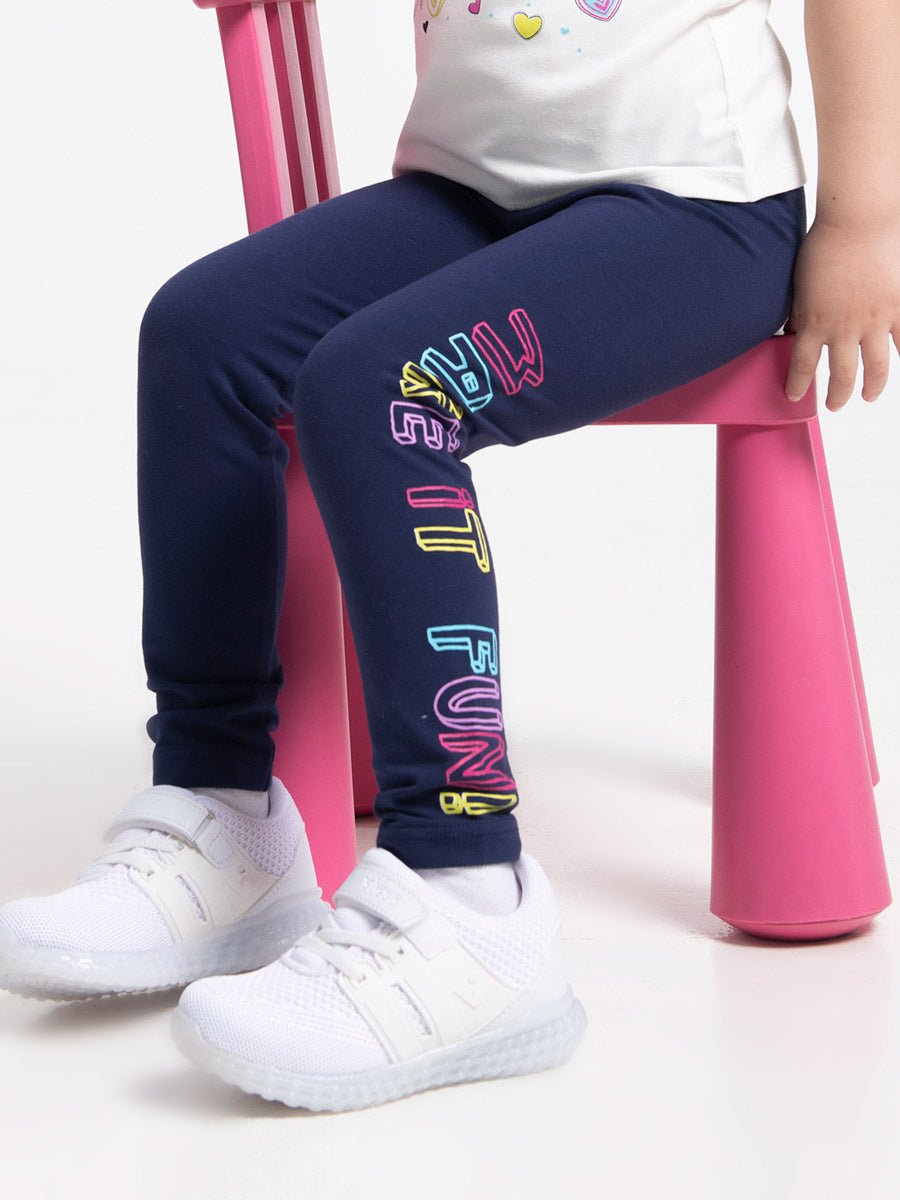 Girls Dark Blue Leggings with Make It Fun Print