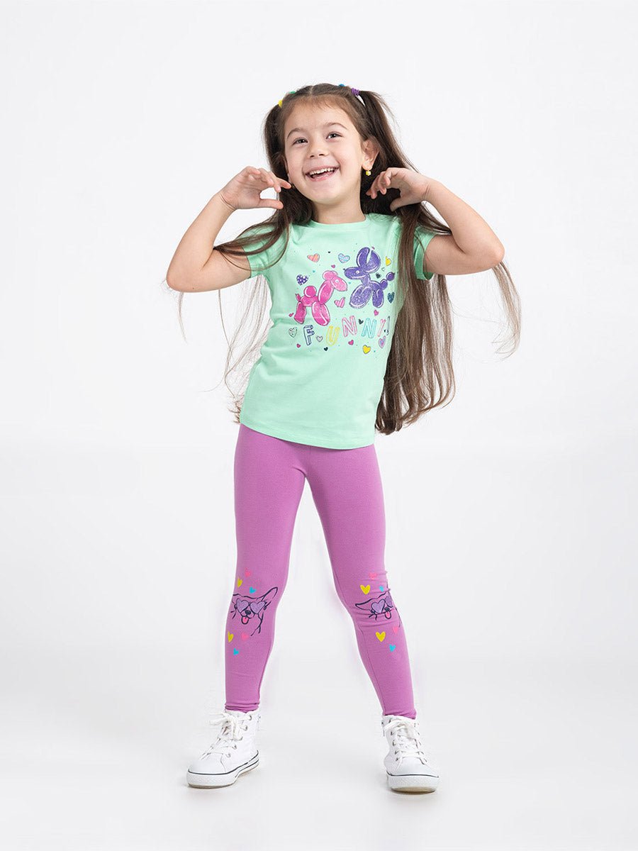 Girls Purple Leggings with Puppy in Love Print