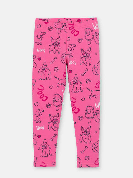 Girls Raspberry Winter Leggings with Cute Puppies Print
