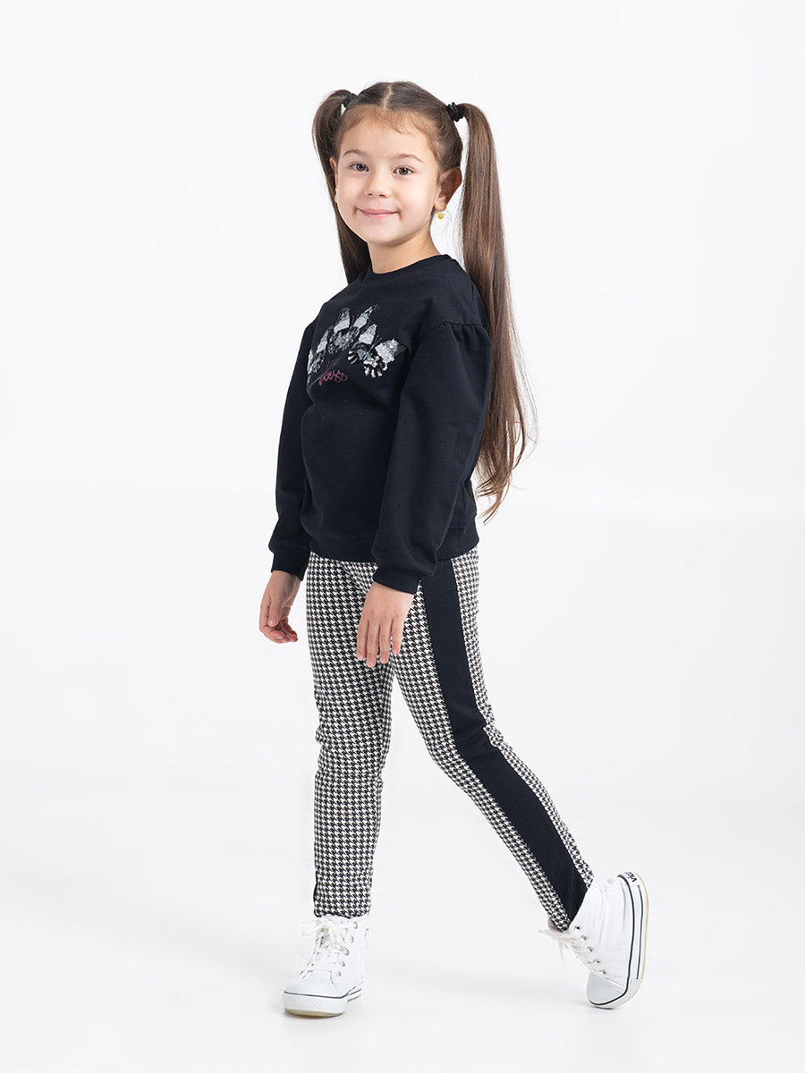 Girls Black and White Checked Print Pants