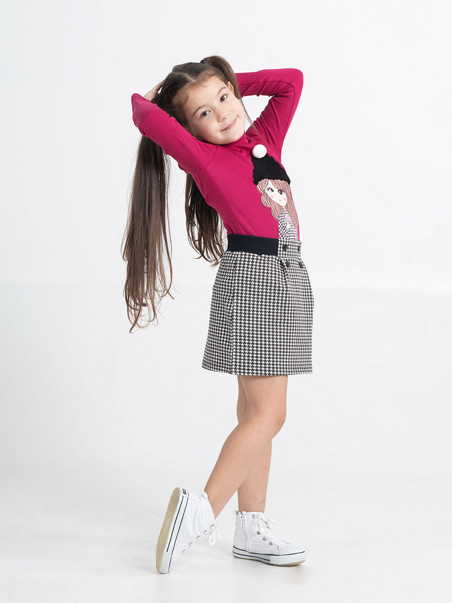 Girl Black and White Checked Print Skirt