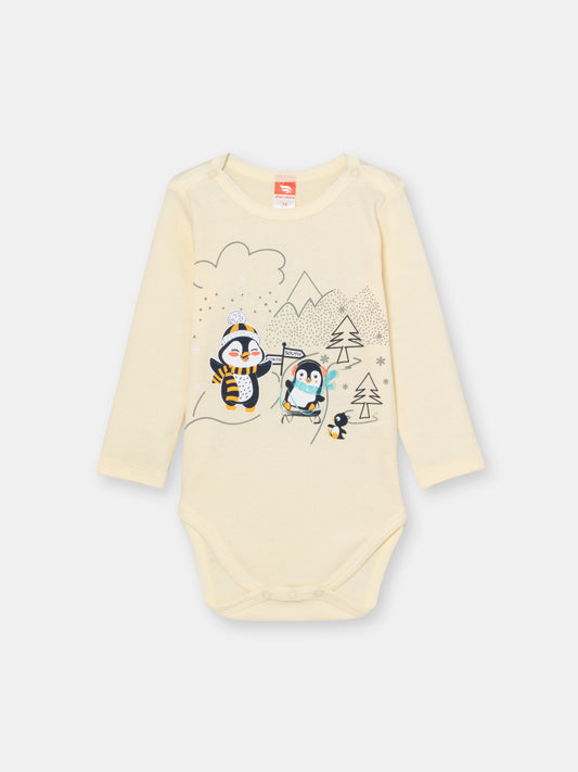 Newborn Baby Boys Ecru Bodysuit with Penguin Friends Print