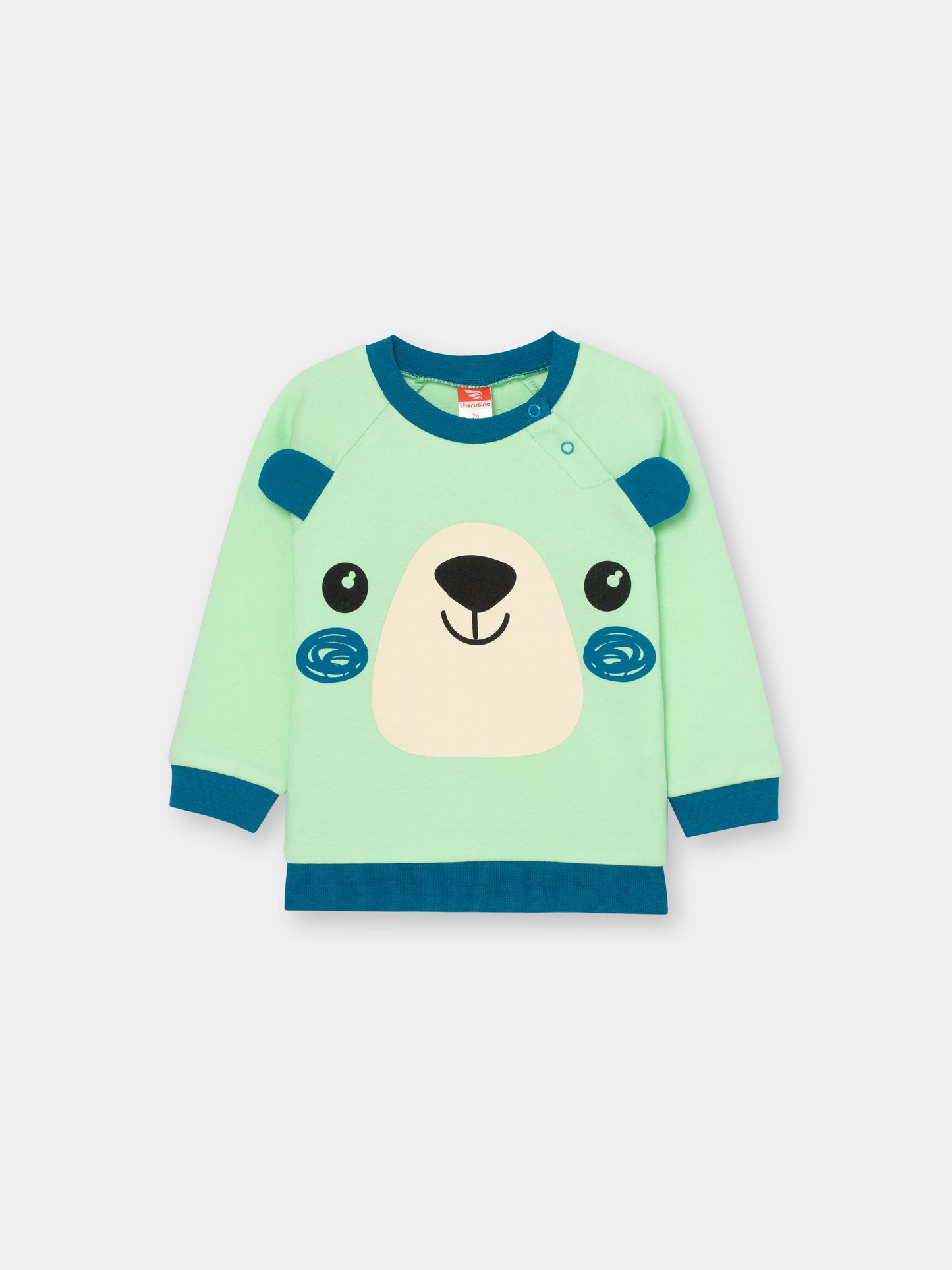 CWNB 62832-37-285 - Cherubino baby boys green sweatshirt with bear face print - front