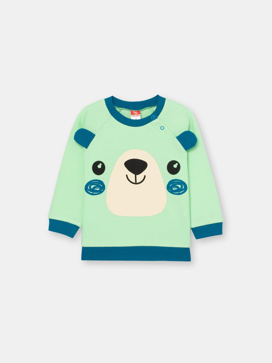 CWNB 62832-37-285 - Cherubino baby boys green sweatshirt with bear face print - front