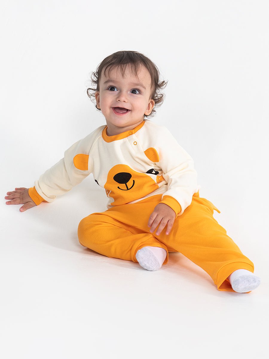 CWNB 70081-29-285 - Cherubino newborn baby boys orange pants with bear face print - model3