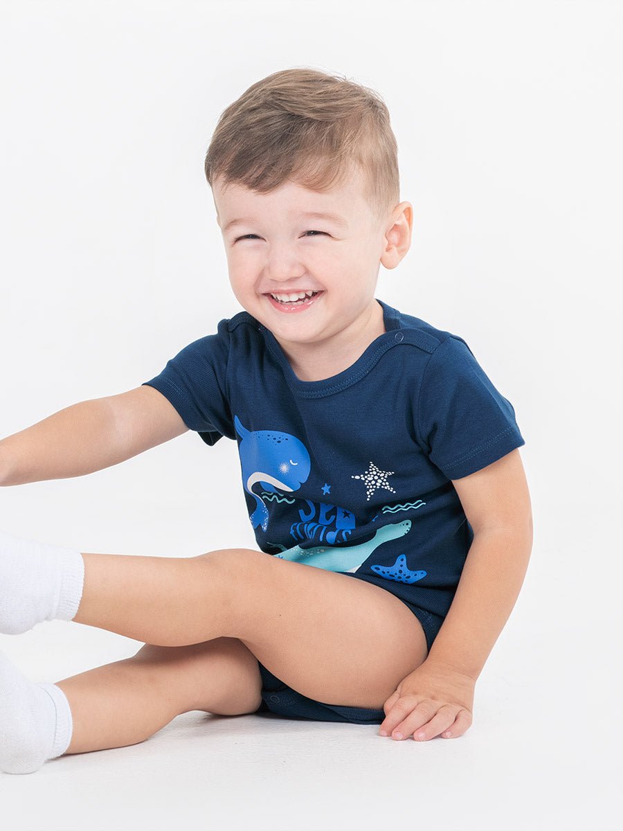 Newborn Baby Boys Dark Blue Bodysuit with Sea Friends Print