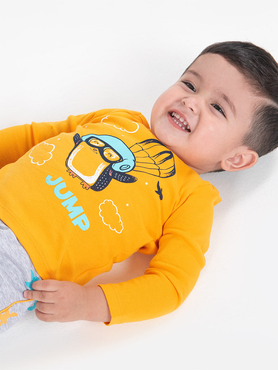 Baby Boys Orange Long Sleeve T-shirt with Penguin Jump Print